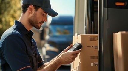 A delivery worker scanning packages with a smartphone in a transport setting.