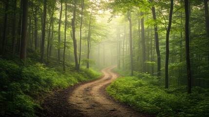 Obraz premium A winding dirt path through a serene, misty forest filled with lush greenery.
