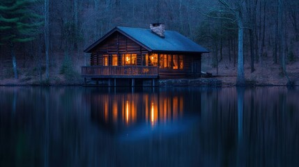 Fototapeta premium A cozy cabin by a calm lake at dusk, reflecting warm light and nature's tranquility.