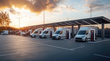 Electric cars charging at logistics center, showing sustainable transport, EV infrastructure, clean energy usage, and modern fleet management in industrial environment. AI generated illustration.