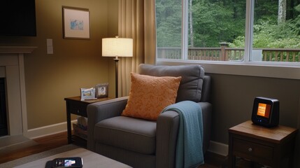 A stylish dark gray and beige lamp with an antique bronze base stands next to a book on a desk set against a tranquil backdrop of natural greenery