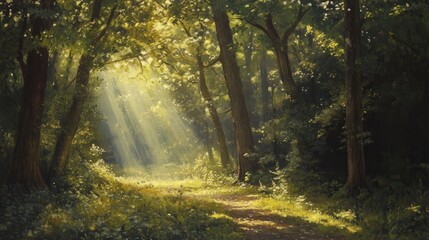 Sunbeams Streaming Through Lush Green Forest Canopy