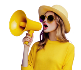 PNG Woman holding a megaphone fashionable background yellow.