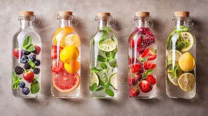   A row of transparent bottles containing various fruits and vegetables within each one