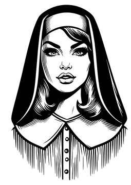 recommend clip art: nun, featuring a solemn expression and traditional habit, capturing classic religious imagery sketch engraving generative ai PNG illustration. Scratch board imitation. Black and white image.