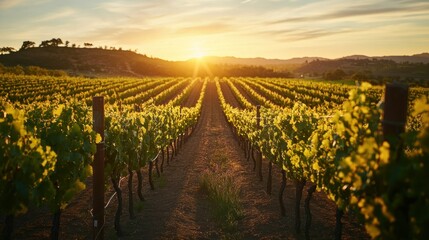 Fototapeta premium A serene vineyard at sunset, showcasing rows of grapevines and a warm, golden sky.