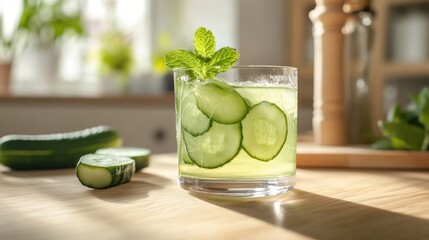 A refreshing cucumber drink garnished with mint, served in a glass on a wooden surface.