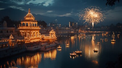 Fototapeta premium A festive Diwali evening with fireworks illuminating a beautifully decorated cityscape
