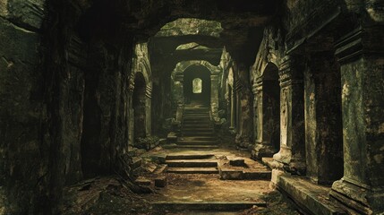 Naklejka premium Overgrown Stone Pathway Leading to an Ancient Ruined Temple