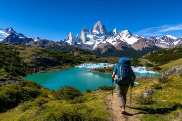 Fototapeta premium A hiker trekking through Patagonia, crossing glaciers and emerald lakes with the jagged peaks of the Andes in the background