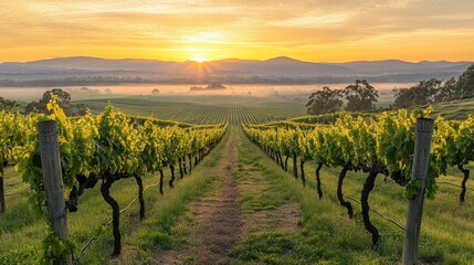 Fototapeta premium Vineyard Sunrise: Rows of Grapevines Bathed in Golden Light