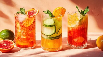   Three drinks sit on the table next to the oranges, limes, and watermelon