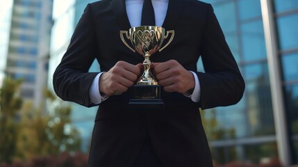 Businessman holding a trophy to symbolize success The business reward acknowledges effort and achievement in life