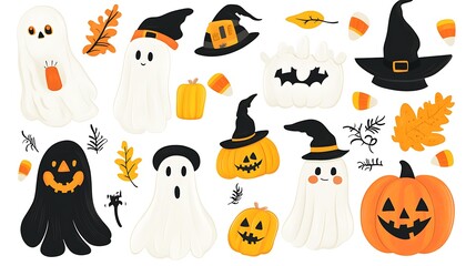 Fototapeta premium Cartoon set featuring a variety of Halloween symbols like ghosts, candy corn, and witches, neatly arranged on a white background