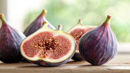 Fresh figs displayed on a wooden surface, showcasing their vibrant color and texture.