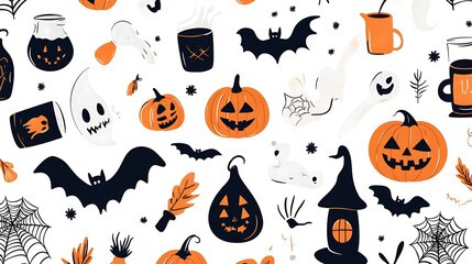 Halloween-themed cartoon illustrations, including playful bats, spooky pumpkins, and magic potions, displayed against a crisp white background
