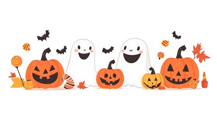 Playful Halloween cartoon set with friendly ghosts, smiling pumpkins, and candy scattered on a plain white background