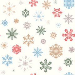 Colorful snowflakes Christmas seamless pattern. Bright snow crystals on white background. Winter vector illustration. Scandinavian boho Christmas nordic snow flakes seamless repeat design.