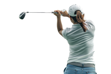 Elegant Female Golfer Practicing Swing on White Background