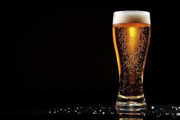 A tall beer glass with golden beer and rising bubbles, isolated on a black background