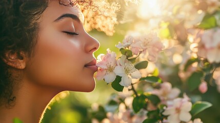 Woman Inhaling the Fragrance of Flowers