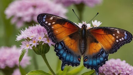 Obraz premium A vibrant butterfly perched on pink flowers in a natural setting.