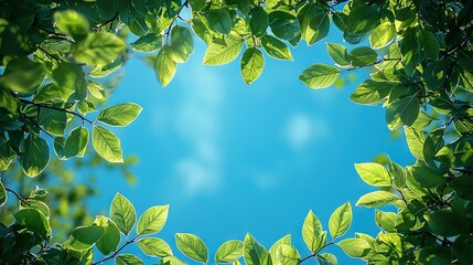 Obraz premium Blue sky in front with green leaves and white clouds behind