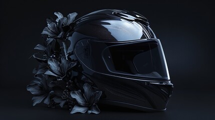 Fototapeta premium mourning motorcycle helmet with flowers on black background.