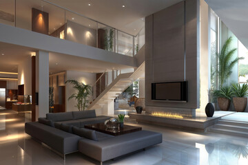 modern, luxurious living room with high ceilings and an open design.