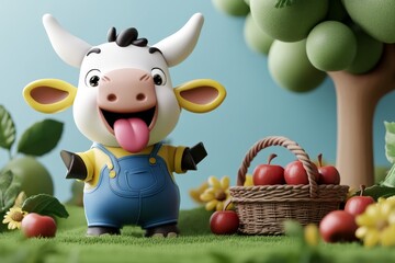 A joyful 3D cow wearing overalls, tongue out, and standing beside a basket of apples in a playful farm scene