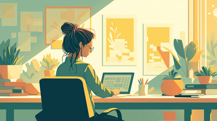 Fototapeta premium A minimalist office space, a young professional typing on her laptop, surrounded by modern furniture and sleek designs 