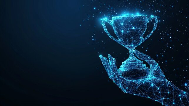 Futuristic concept of achievement in business or sports illustrated with a hand holding a trophy cup on a dark blue background The design features a glowing low polygonal style with