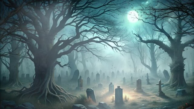 cemetery with tombstones and spooky old trees and moonlight shining through