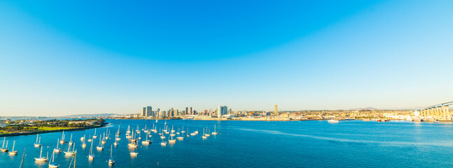 Boats by Coronado island  with downtown San Diego on the background