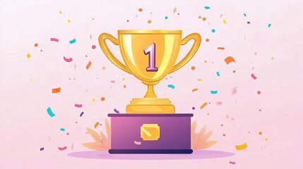 Golden award trophy on a winning podium with a number 1 medal and confetti celebrating a ceremony This vector victory banner represents competition success featuring a glass reward and