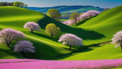 A vibrant landscape with rolling green hills, blooming cherry trees, and colorful flowers.