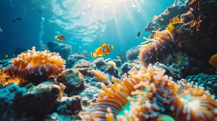 Vibrant underwater scene featuring clownfish amidst bright anemones illuminated by sunlight