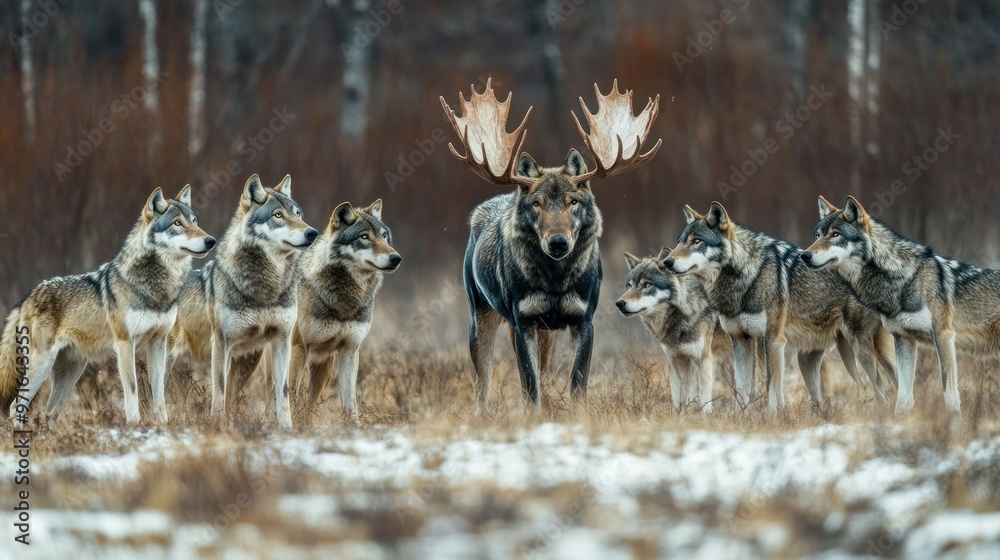 Wall mural A Moose Confronted by a Pack of Wolves in a Snowy Forest