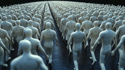 Obraz premium A captivating scene of countless blank figures walking in unison, representing unity, anonymity, and the human experience.