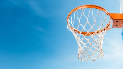 Basketball scoring, clear sky day, net in view.