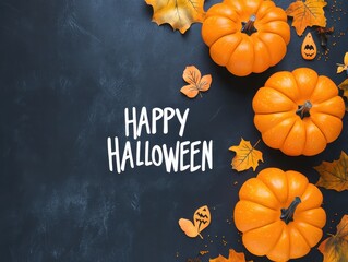 Pumpkins with the text "HAPPY HALLOWEEN" in white bright colors, vibrant colors, warm tones Generative AI