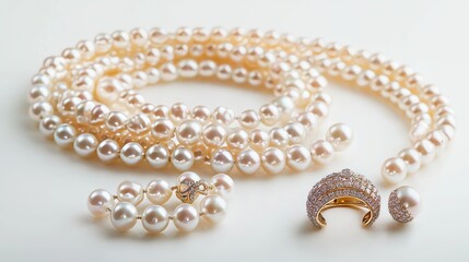 Beautiful pearl bracelet, necklace, ring, and earring on white background