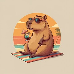 A laid-back capybara wearing sunglasses enjoying a cocktail drink at the beach illustration