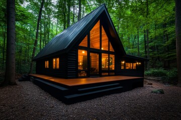 A simple, rustic cabin in the woods, surrounded by towering trees, with light pouring through the windows, creating a sense of warmth and peace