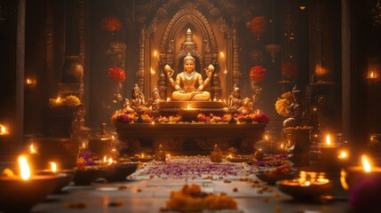 A serene Diwali Puja setting with traditional idols, oil lamps, and offerings arranged beautifully