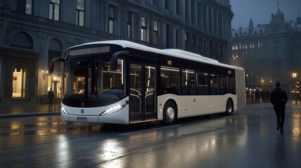 Fototapeta premium A striking electric bus showcases futuristic design against a night city backdrop, with raindrops on its windows and lights shimmering as people stroll alongside
