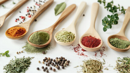 Wooden spoons filled with various colorful spices and herbs, arranged on a white surface, showcasing diversity of natural culinary ingredients