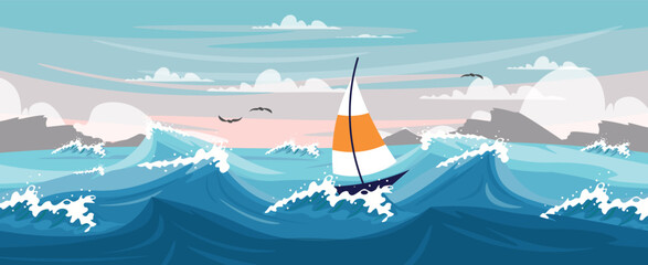 Vector illustration of a storm at sea. Cartoon scene of a beautiful landscape with a boat with a white and orange sail among big sea waves, rocks on the horizon, seagulls, sky with white clouds.