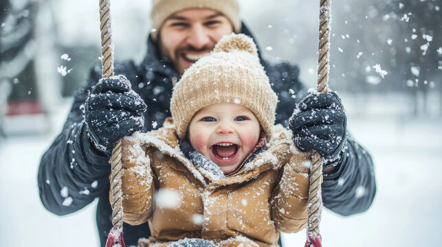 Smiling father pushes his laughing child on a swing during a snowy winter day, both bundled up in warm clothes as snowflakes fall