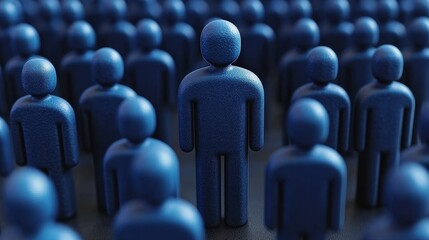 A unique individual stands out among numerous blue figures, symbolizing distinction and individuality in a crowd.